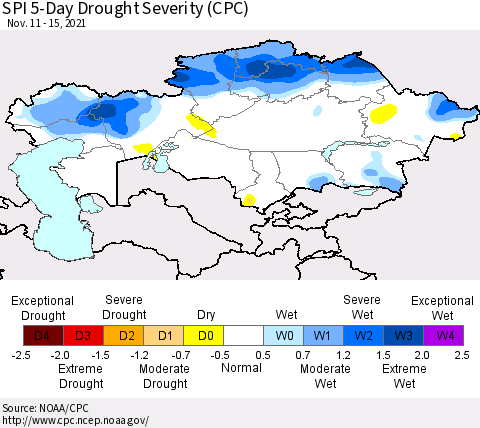 Kazakhstan SPI 5-Day Drought Severity (CPC) Thematic Map For 11/11/2021 - 11/15/2021