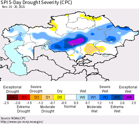 Kazakhstan SPI 5-Day Drought Severity (CPC) Thematic Map For 11/16/2021 - 11/20/2021
