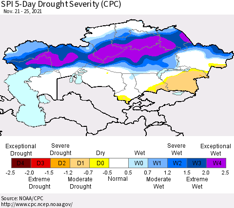Kazakhstan SPI 5-Day Drought Severity (CPC) Thematic Map For 11/21/2021 - 11/25/2021