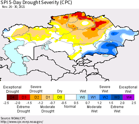 Kazakhstan SPI 5-Day Drought Severity (CPC) Thematic Map For 11/26/2021 - 11/30/2021