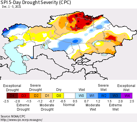 Kazakhstan SPI 5-Day Drought Severity (CPC) Thematic Map For 12/1/2021 - 12/5/2021