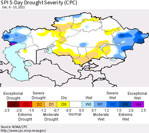 Kazakhstan SPI 5-Day Drought Severity (CPC) Thematic Map For 12/6/2021 - 12/10/2021