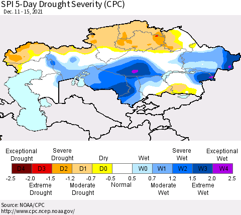 Kazakhstan SPI 5-Day Drought Severity (CPC) Thematic Map For 12/11/2021 - 12/15/2021