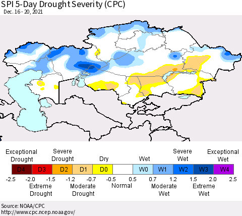Kazakhstan SPI 5-Day Drought Severity (CPC) Thematic Map For 12/16/2021 - 12/20/2021