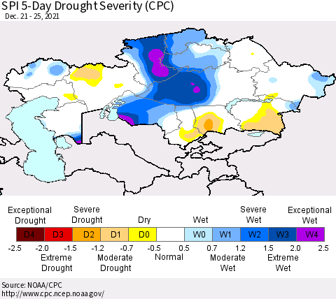 Kazakhstan SPI 5-Day Drought Severity (CPC) Thematic Map For 12/21/2021 - 12/25/2021