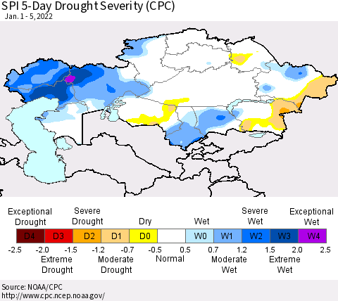 Kazakhstan SPI 5-Day Drought Severity (CPC) Thematic Map For 1/1/2022 - 1/5/2022