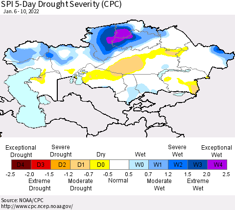 Kazakhstan SPI 5-Day Drought Severity (CPC) Thematic Map For 1/6/2022 - 1/10/2022