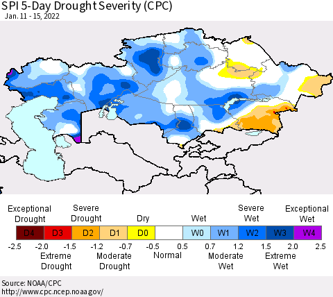 Kazakhstan SPI 5-Day Drought Severity (CPC) Thematic Map For 1/11/2022 - 1/15/2022