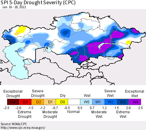 Kazakhstan SPI 5-Day Drought Severity (CPC) Thematic Map For 1/16/2022 - 1/20/2022
