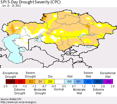 Kazakhstan SPI 5-Day Drought Severity (CPC) Thematic Map For 1/21/2022 - 1/25/2022