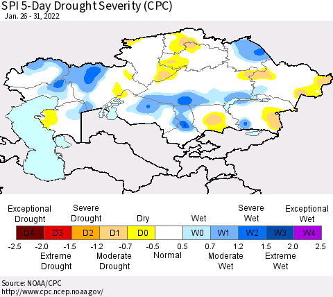 Kazakhstan SPI 5-Day Drought Severity (CPC) Thematic Map For 1/26/2022 - 1/31/2022