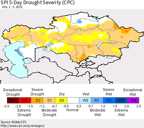 Kazakhstan SPI 5-Day Drought Severity (CPC) Thematic Map For 2/1/2022 - 2/5/2022