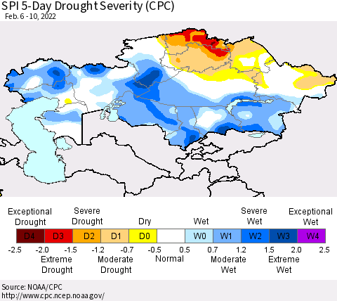 Kazakhstan SPI 5-Day Drought Severity (CPC) Thematic Map For 2/6/2022 - 2/10/2022