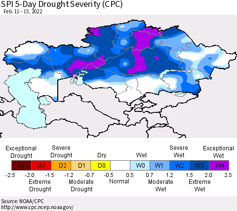 Kazakhstan SPI 5-Day Drought Severity (CPC) Thematic Map For 2/11/2022 - 2/15/2022