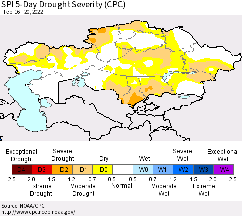 Kazakhstan SPI 5-Day Drought Severity (CPC) Thematic Map For 2/16/2022 - 2/20/2022