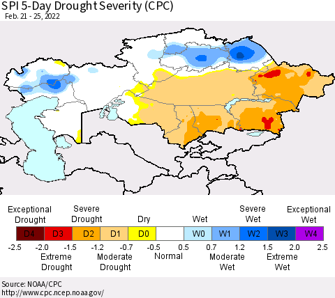 Kazakhstan SPI 5-Day Drought Severity (CPC) Thematic Map For 2/21/2022 - 2/25/2022