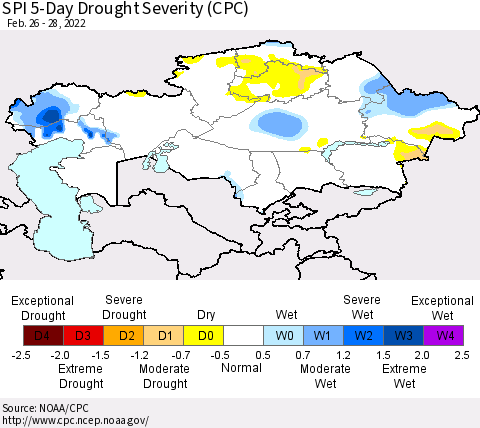 Kazakhstan SPI 5-Day Drought Severity (CPC) Thematic Map For 2/26/2022 - 2/28/2022