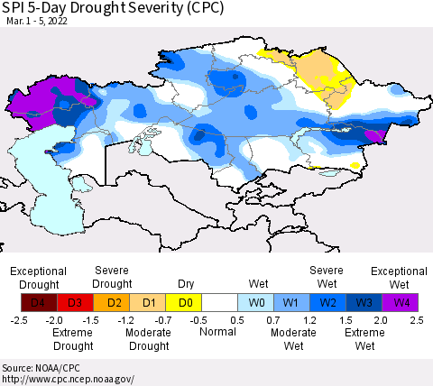 Kazakhstan SPI 5-Day Drought Severity (CPC) Thematic Map For 3/1/2022 - 3/5/2022