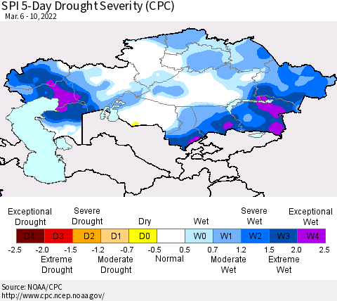 Kazakhstan SPI 5-Day Drought Severity (CPC) Thematic Map For 3/6/2022 - 3/10/2022