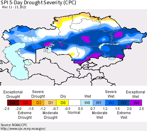 Kazakhstan SPI 5-Day Drought Severity (CPC) Thematic Map For 3/11/2022 - 3/15/2022