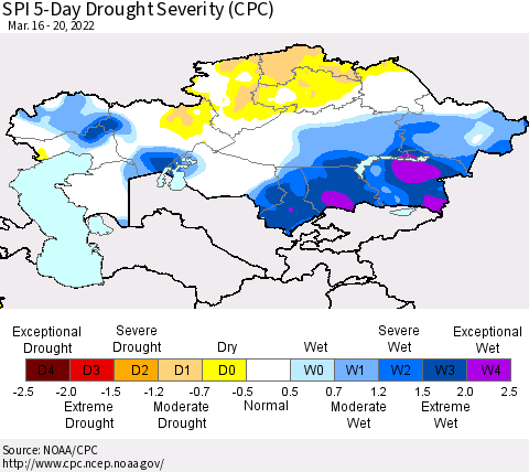 Kazakhstan SPI 5-Day Drought Severity (CPC) Thematic Map For 3/16/2022 - 3/20/2022