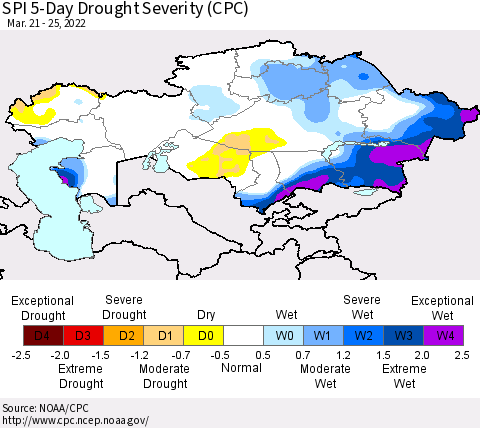 Kazakhstan SPI 5-Day Drought Severity (CPC) Thematic Map For 3/21/2022 - 3/25/2022