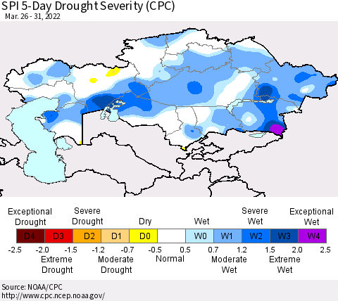 Kazakhstan SPI 5-Day Drought Severity (CPC) Thematic Map For 3/26/2022 - 3/31/2022
