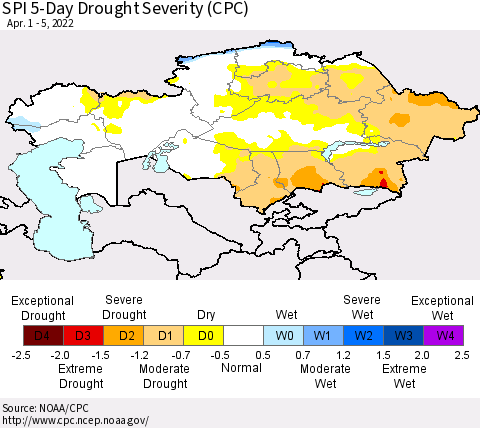 Kazakhstan SPI 5-Day Drought Severity (CPC) Thematic Map For 4/1/2022 - 4/5/2022