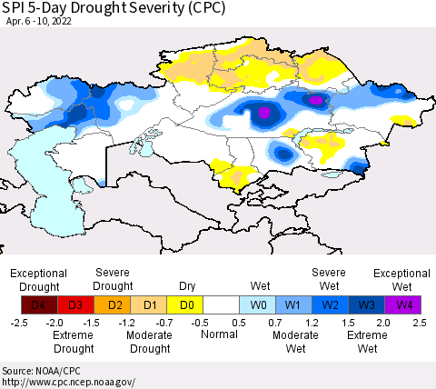 Kazakhstan SPI 5-Day Drought Severity (CPC) Thematic Map For 4/6/2022 - 4/10/2022