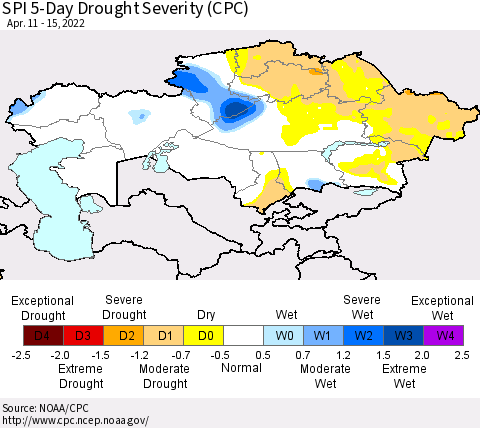 Kazakhstan SPI 5-Day Drought Severity (CPC) Thematic Map For 4/11/2022 - 4/15/2022