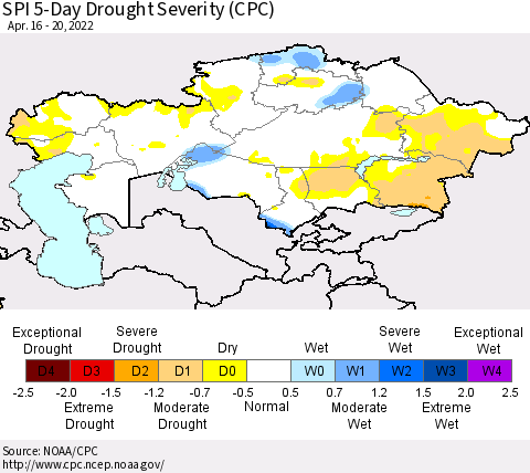 Kazakhstan SPI 5-Day Drought Severity (CPC) Thematic Map For 4/16/2022 - 4/20/2022