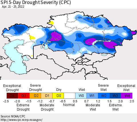 Kazakhstan SPI 5-Day Drought Severity (CPC) Thematic Map For 4/21/2022 - 4/25/2022