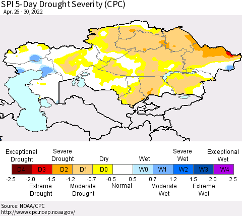 Kazakhstan SPI 5-Day Drought Severity (CPC) Thematic Map For 4/26/2022 - 4/30/2022