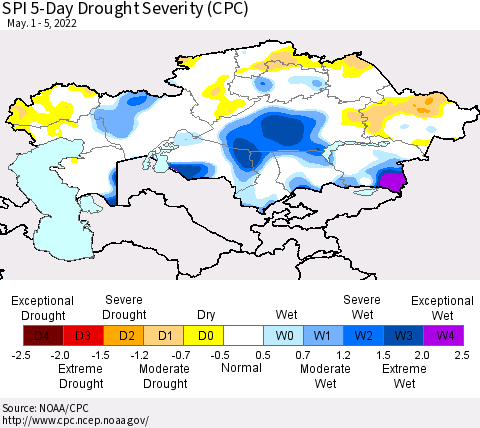 Kazakhstan SPI 5-Day Drought Severity (CPC) Thematic Map For 5/1/2022 - 5/5/2022