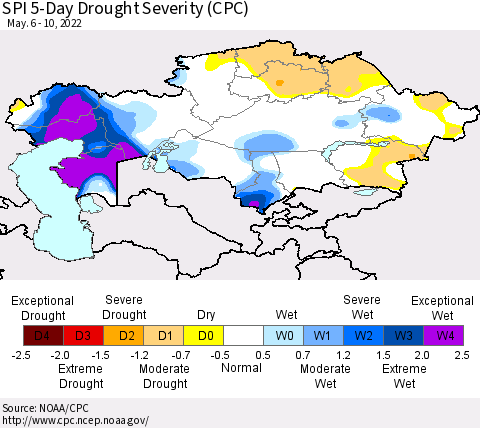 Kazakhstan SPI 5-Day Drought Severity (CPC) Thematic Map For 5/6/2022 - 5/10/2022