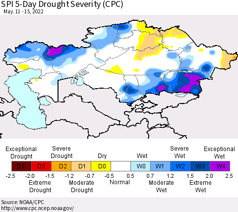 Kazakhstan SPI 5-Day Drought Severity (CPC) Thematic Map For 5/11/2022 - 5/15/2022