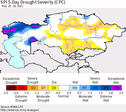 Kazakhstan SPI 5-Day Drought Severity (CPC) Thematic Map For 5/16/2022 - 5/20/2022