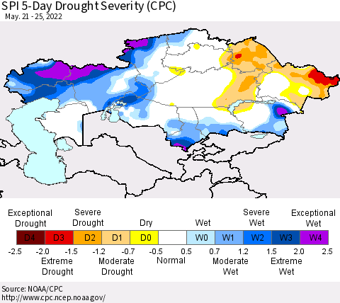 Kazakhstan SPI 5-Day Drought Severity (CPC) Thematic Map For 5/21/2022 - 5/25/2022