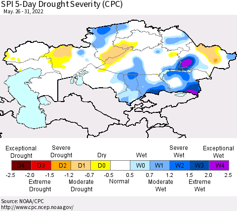 Kazakhstan SPI 5-Day Drought Severity (CPC) Thematic Map For 5/26/2022 - 5/31/2022