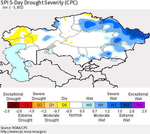 Kazakhstan SPI 5-Day Drought Severity (CPC) Thematic Map For 6/1/2022 - 6/5/2022