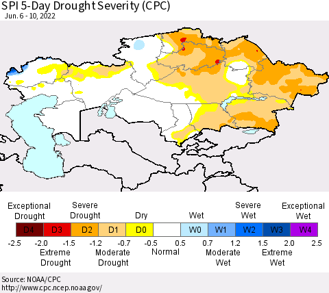 Kazakhstan SPI 5-Day Drought Severity (CPC) Thematic Map For 6/6/2022 - 6/10/2022