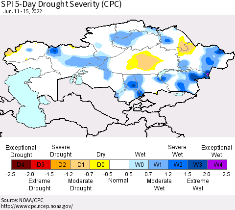 Kazakhstan SPI 5-Day Drought Severity (CPC) Thematic Map For 6/11/2022 - 6/15/2022