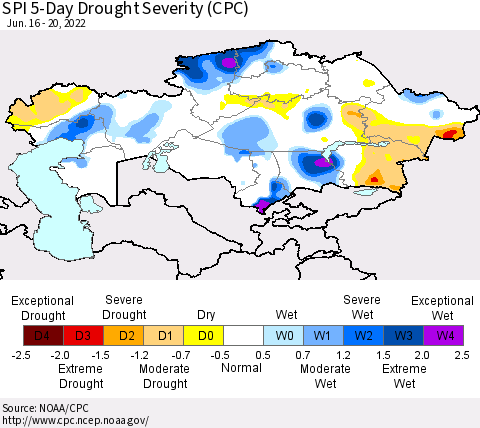 Kazakhstan SPI 5-Day Drought Severity (CPC) Thematic Map For 6/16/2022 - 6/20/2022