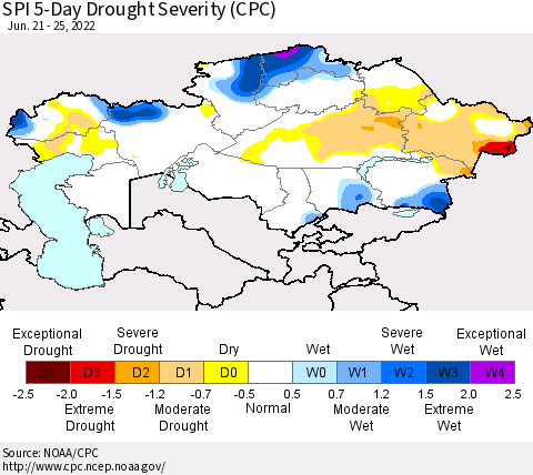 Kazakhstan SPI 5-Day Drought Severity (CPC) Thematic Map For 6/21/2022 - 6/25/2022