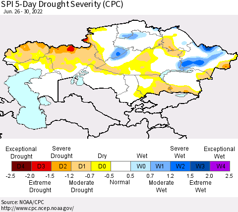 Kazakhstan SPI 5-Day Drought Severity (CPC) Thematic Map For 6/26/2022 - 6/30/2022