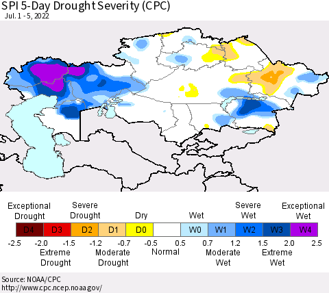 Kazakhstan SPI 5-Day Drought Severity (CPC) Thematic Map For 7/1/2022 - 7/5/2022