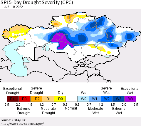 Kazakhstan SPI 5-Day Drought Severity (CPC) Thematic Map For 7/6/2022 - 7/10/2022