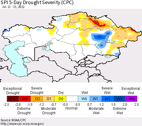Kazakhstan SPI 5-Day Drought Severity (CPC) Thematic Map For 7/11/2022 - 7/15/2022