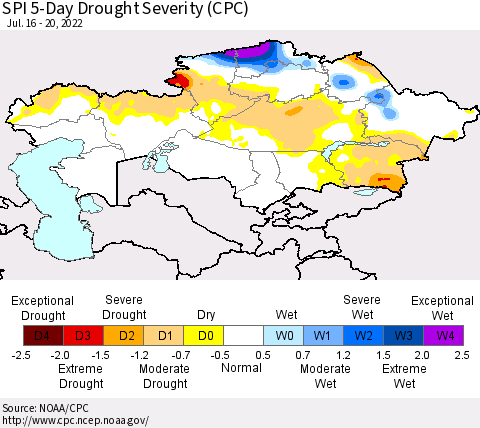 Kazakhstan SPI 5-Day Drought Severity (CPC) Thematic Map For 7/16/2022 - 7/20/2022