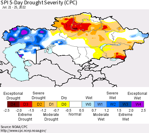 Kazakhstan SPI 5-Day Drought Severity (CPC) Thematic Map For 7/21/2022 - 7/25/2022